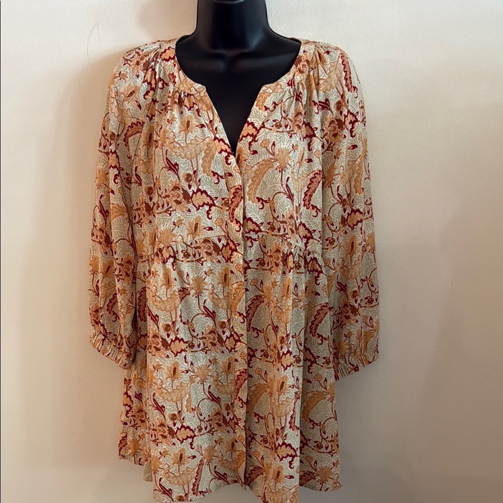 MELLODAY Floral Button-Down Blouse in Cream and Burgundy Lightweight Large